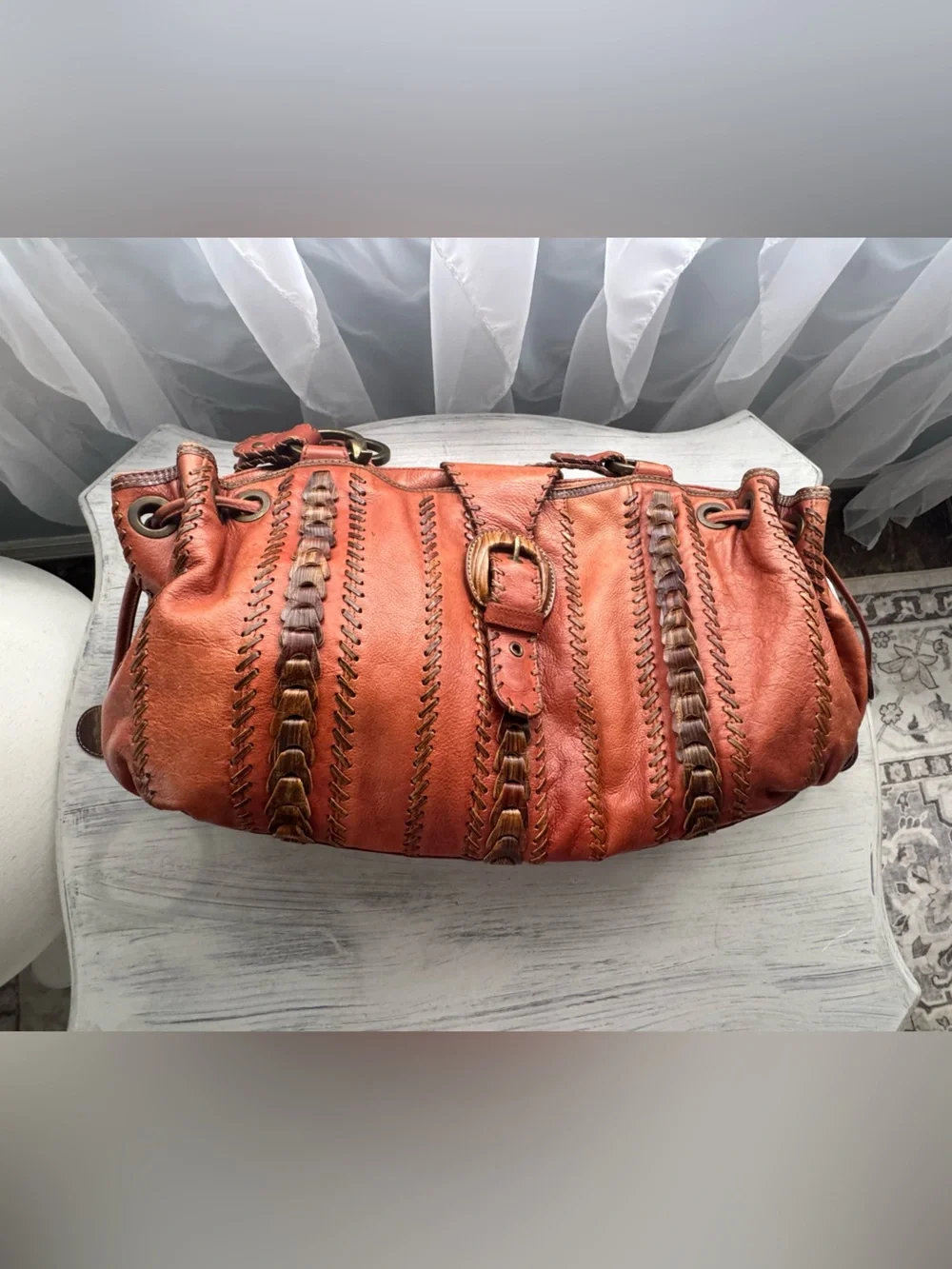 Isabella Fiore Whipstitch Leather Hobo Bag Boho Slouchy Brown Vintage
